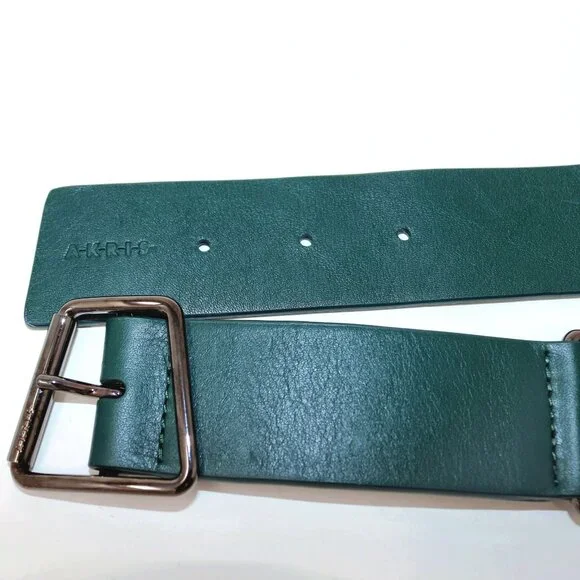 Akris Size 85 Green Leather and Elastic Belt with Trapezoid Buckle Sporty-Belt - Picture 3 of 15